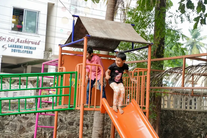 Children come down the slide